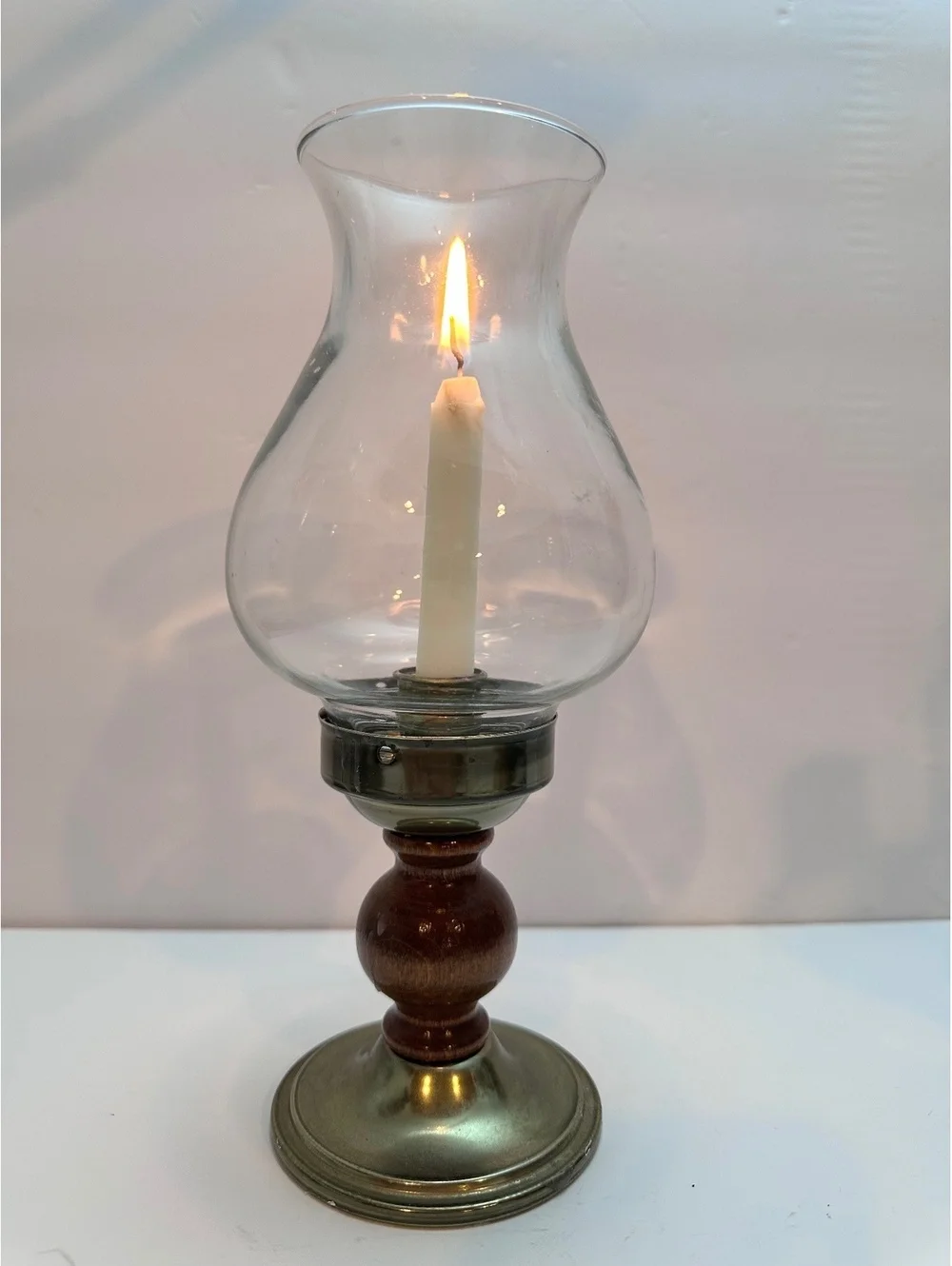 Vintage Hurricane Lamp Clear Glass Shade Brass Base Brown Wood Pedestal.